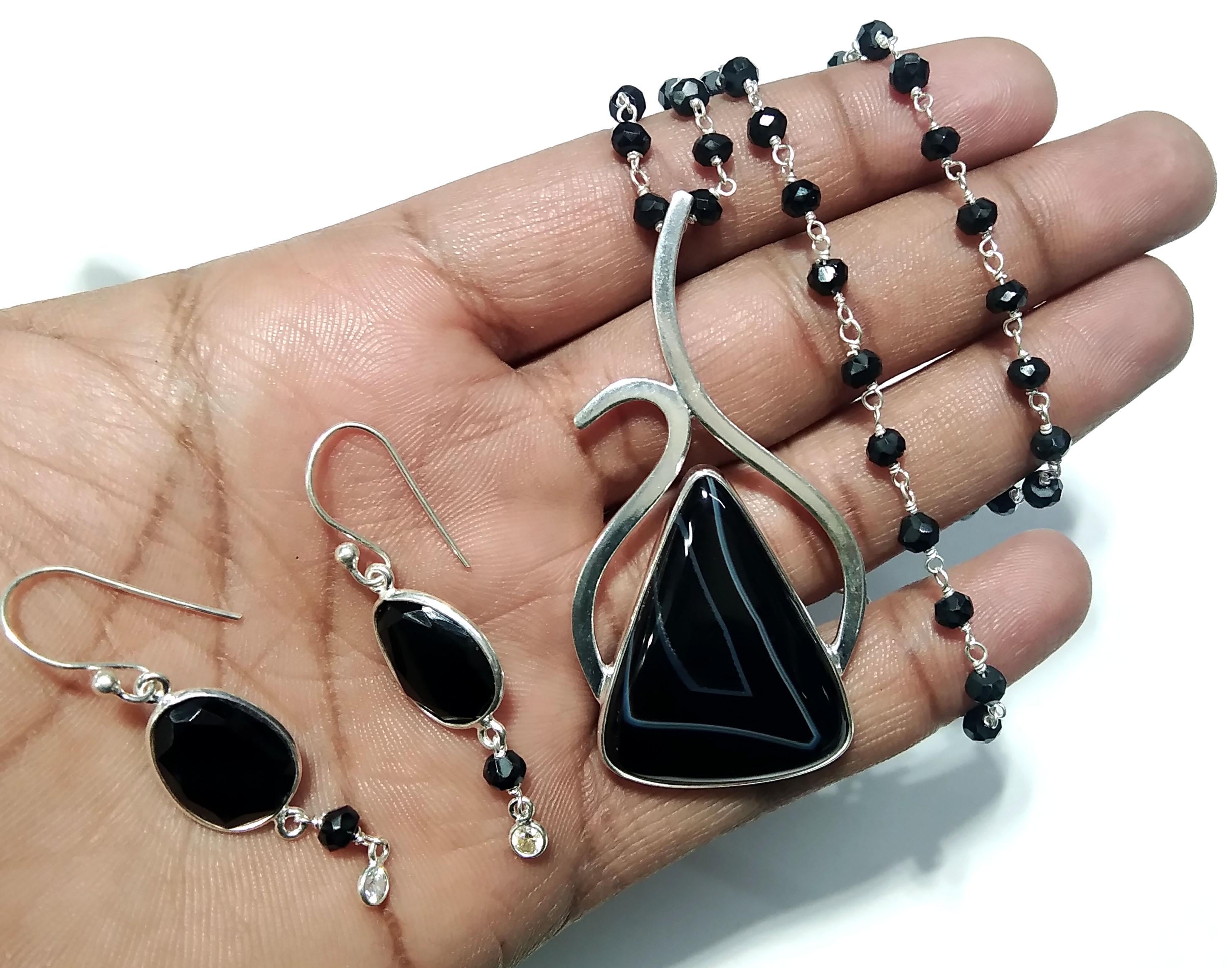 Black Banded Agate Necklace & Earring Set, Solid 925 Sterling Silver Necklace, Beautiful Design Necklace Jewelry Gift Birthstone